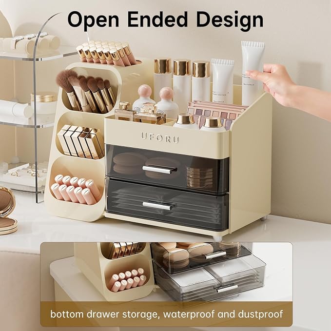 UFORU Makeup Organizer Countertop with Brush Holder for Vanity Bathroom | Large Capacity, Thickened Plastic, 2 Clear Drawers, Compact Size, Detachable Brush Holder, Divided Compartments, Easy Access