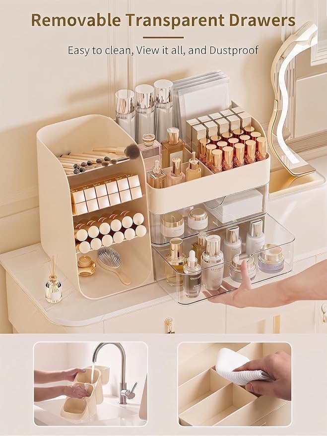 Booklov Small Makeup Organizer for Vanity Countertop, Cream | Clear Acrylic Cosmetic Display Case, Beauty Brush Holder for Bathroom Counter, Make Up Skincare Lipsticks Storage