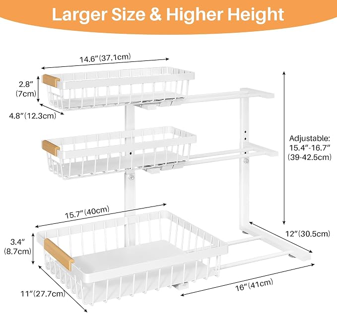 PXRACK Under Sink Organizer, 1-Pack 3-Tier Height Adjustable Thickened Metal Pull out Cabinet Organizer Shelf, Slide out Storage Drawer Rack for Bathroom Kitchen Pantry Home Organization, White