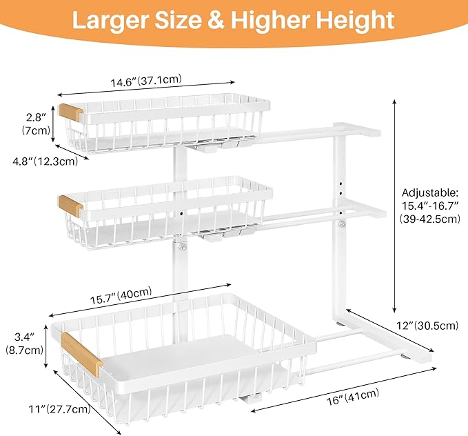 PXRACK Under Sink Organizer, 2-Pack 3-Tier Height Adjustable Thickened Metal Pull out Cabinet Organizer Shelf, Slide out Storage Drawer Rack for Bathroom Kitchen Pantry Home Organization, White