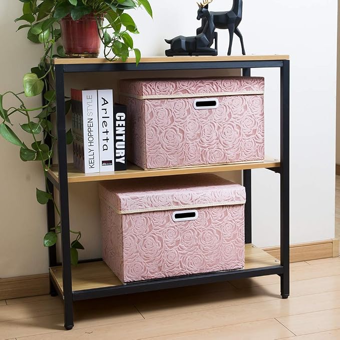PRANDOM Larger Collapsible Storage Boxes with Lids Fabric Decorative Bins Cubes Organizer Containers Baskets Handles Divider for Bedroom Closet Living Room Pink 17.7x11.8x11.8 Inch 3 Pack