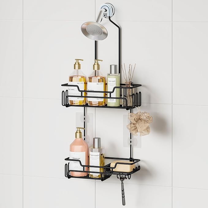 SWTYMIKI Bathroom Shower Caddy Hanging - Extended Length 2 Tier Rustproof Over Shower Head Organizer, No Drilling Bathroom Shelf with 14 Hooks & Soap Holder, Anti-Swing Rack, Black, Medium
