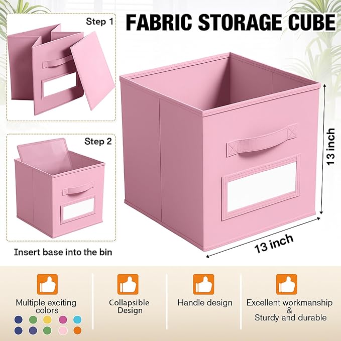 Teenyyou 10 Pack Fabric Storage Cubes 13 Inch Collapsible Cube Bins with Label Window & Handle Foldable Organizers Baskets for Shelf Closet Nursery Kids Room Clothes Book Toy(Candy)
