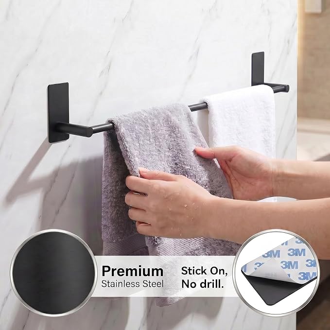 Adhesive Bath Towel Bar 24-inch Black, No Drill Stick On Towel Rack, Easy Install with Self-Adhesive, Premium SUS304 Stainless Steel (Black, 24)