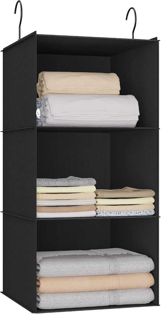 Hanging Closet Organizer 3-Shelf, Oxford Fabric Wardrobe Storage, Black | Easy-mount foldable design holds clothes, handbags, shoes & accessories; washable Oxford fabric, sturdy and space-saving.
