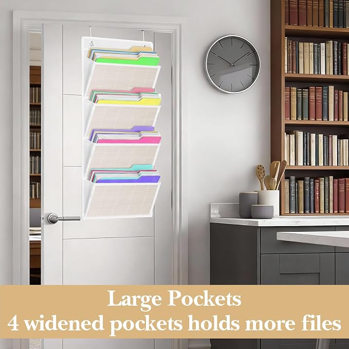 hanging wall file organizer, Over the door file folder organizer with 4 Large Bamboo Pockets, Suitable for Home, Office, Back to School Supplies Storage and Organization (White)