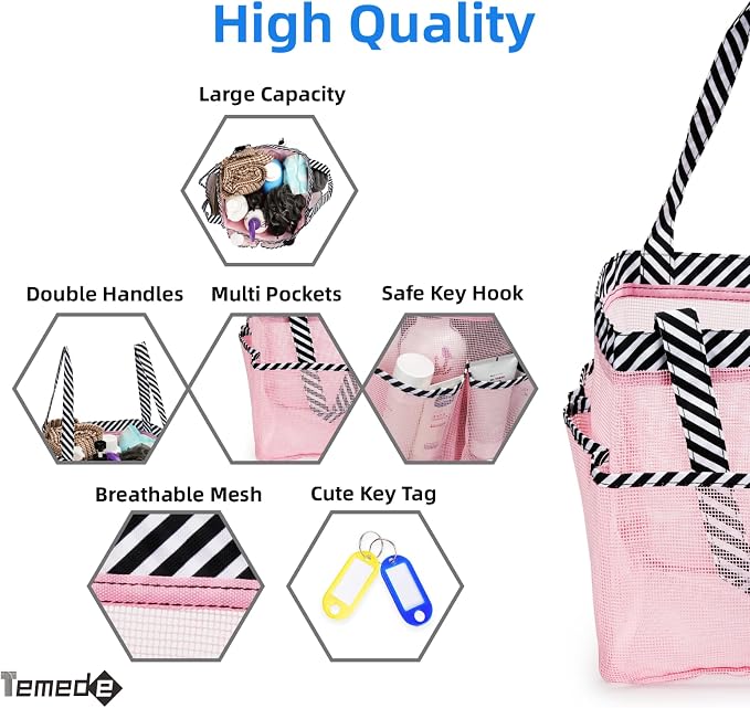 Temede Mesh Shower Caddy Portable for College Dorm Room Essentials | Large Capacity 8-Pocket Shower Tote Bag, Toiletry Bag with Quick-Dry and Dual Handles for Girls, Dorm, Travel, Camping