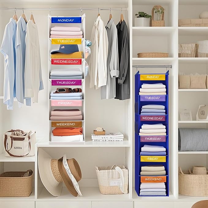 Weekly Clothes Organizer for Kids, 6-Shelf Hanging Closet Organizer with Colorful Labels, Space Saving Design with 2 Pockets, Daily Hanging Closet Shelves for Kids Room Storage, Blue