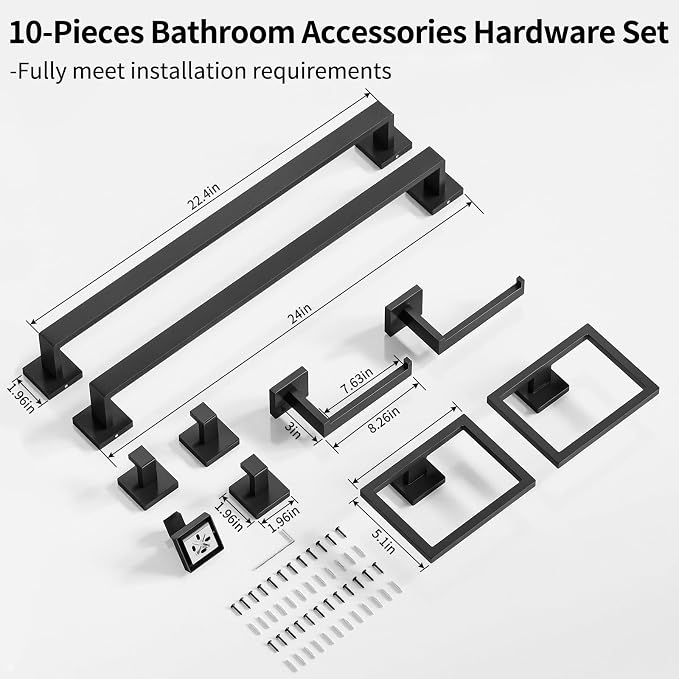 Gypie 10-Piece Bathroom Accessories Set 24In Towel Racks for Bathroom Wall Mounted Stainless Steel Large Family Modern Matte Black