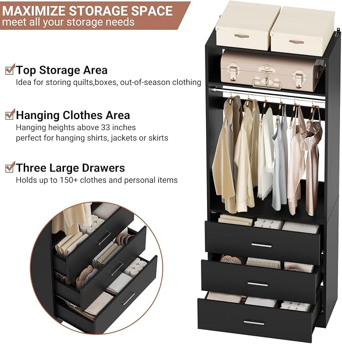 Besiost Freestanding 2FT Closet System with 3 Wood Drawers, 24" Closet Organizer System with Hanging Rod & Shelves, Walk-in Closet Systems for Small Closets, Black (24"L x 15" W x 80" H)