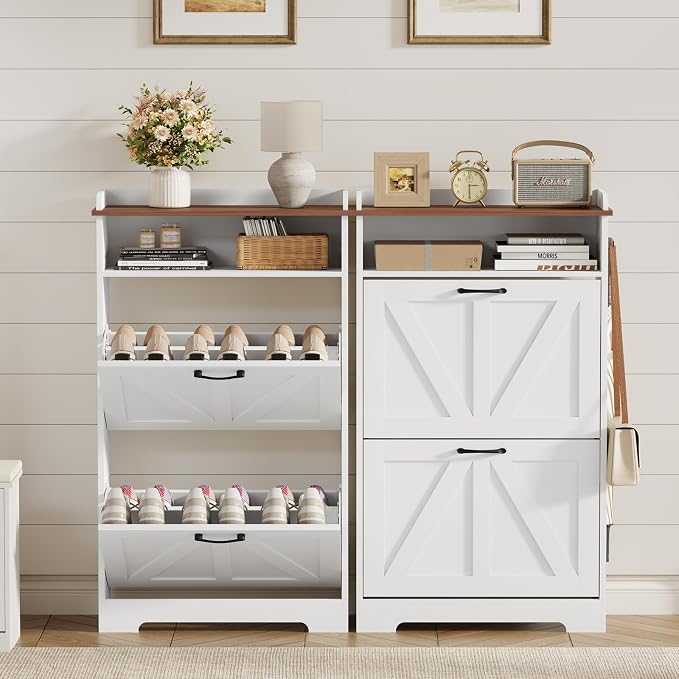 Farmhouse Narrow Shoe Cabinet with 2 Flip Drawers, 23.6" W White | Freestanding shoe storage cabinet for entryway,foyer and hallway,slim design width and space-saving flip drawers