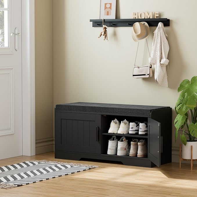 Homleke Shoe Storage Bench, 2 Doors & Thickened Padded Seat Cushion | 2-Tier Shoe Bench, Entryway Bench, Adjustable Shelf, 13.8" D x 37.4" W x 18.5" H, for Living Room, Bedroom, Black
