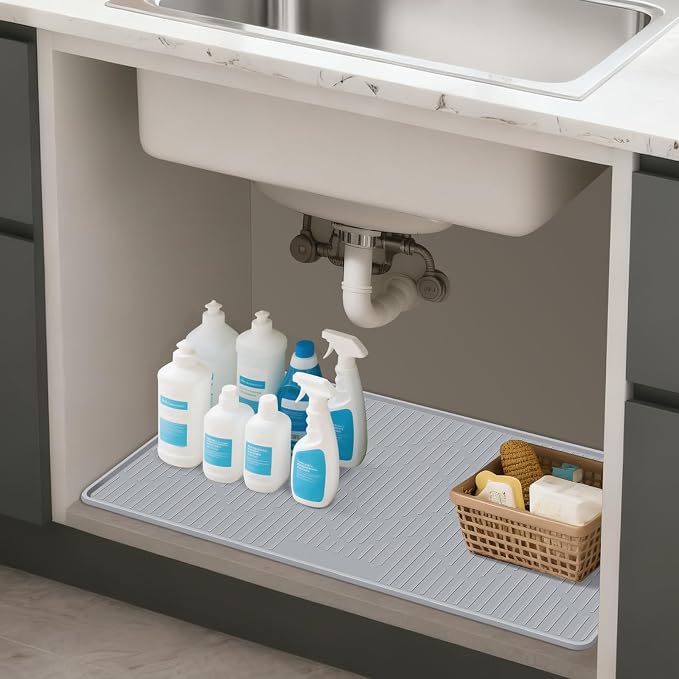 40" x 22" Under Sink Mat for Kitchen Lanstics Under Sink Organizer | Waterproof Raised Edge Silicone Mat Sink Protector Silicone Organizers Tray for Kitchen Bathroom