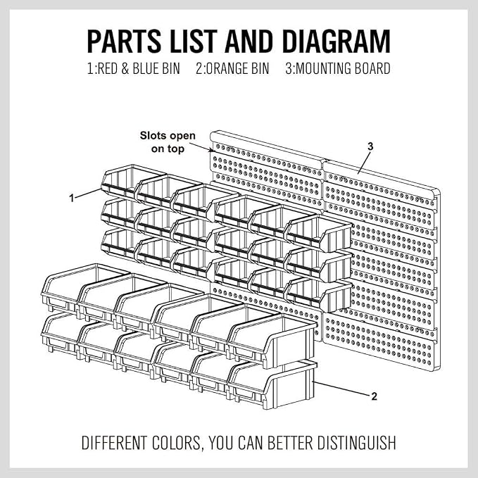 HORUSDY Wall Mounted Storage Bins Parts Rack 30PC Organizer Garage Plastic Shop Tool for Men's Gift, Blue,Orange,Red