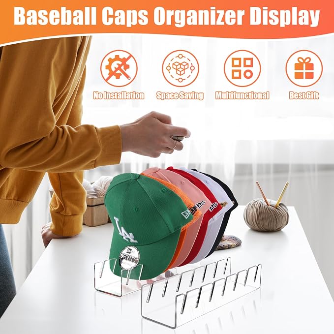 Hat Organizer for Baseball Caps Hat Rack Acrylic Hat Stand 4Pack No Install | Hat Storage for 28 Baseball Caps Closet Organization Hat Holder Display Baseball Cap Organizer for Closet, Bedroom, Dresser