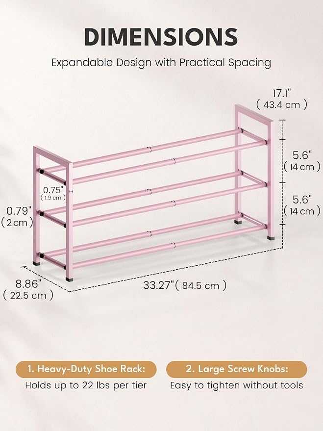 Bumusty 3 Tier Expandable Shoe Rack for Closet, Pink | 18"-33" Adjustable Shoe Rack for Entryway, Small Shoe Organizer for Dorm, Front Door, Sturdy Metal