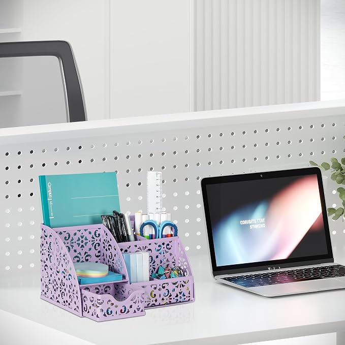 EasyPAG Pen Holder Desk Organizer with Drawer Pencil Cup for Desk 6 Compartments Metal Office Caddy Storage with Sticky Notes Holder for School Home Office, Purple