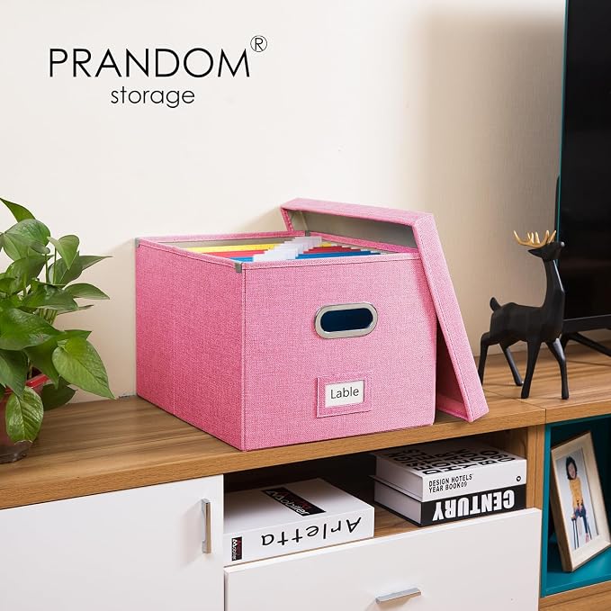 File Organizer Box - Set of 1 Collapsible Decorative Linen Filing Storage Hanging File Folders with Lids Office Cabinet Letter/Legal Pink (17x14x11.2 inch)