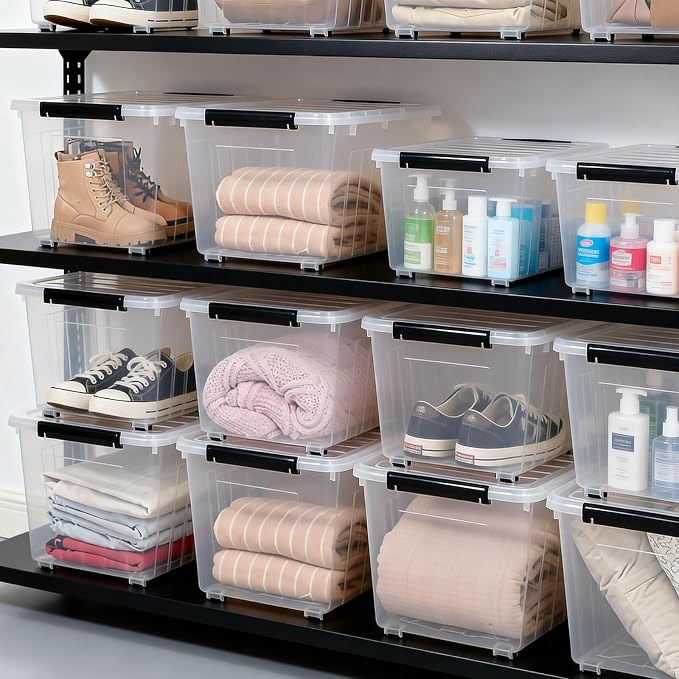 Citylife 82 Quart Large Clear Plastic Storage Bins with Lids 6-Pack | Stackable, Secure latching lids, Easy Find, Clothes Storage Bins for Closet Bedroom Garage