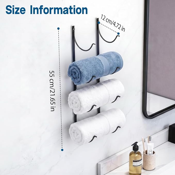 4-Tier Bathroom Rolled Towel Rack Wall Mounted Towel Storage Holder, Adhesive & Drill Hanging Organizer for Towels, Blankets, Large Bath Sheets, Space Saving in RV, Apartment Friendly