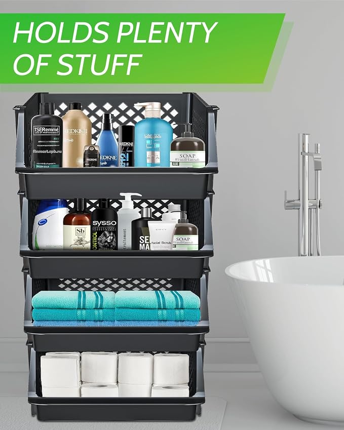 Large Stackable Storage Bins Open Front for Pantry Storage, 4 Pack - Black | Sturdy Plastic, Easy Stacking, Open Front Access, Ventilated Sides, Vertical & Space Saving Pantry Organizers and Storage Bin
