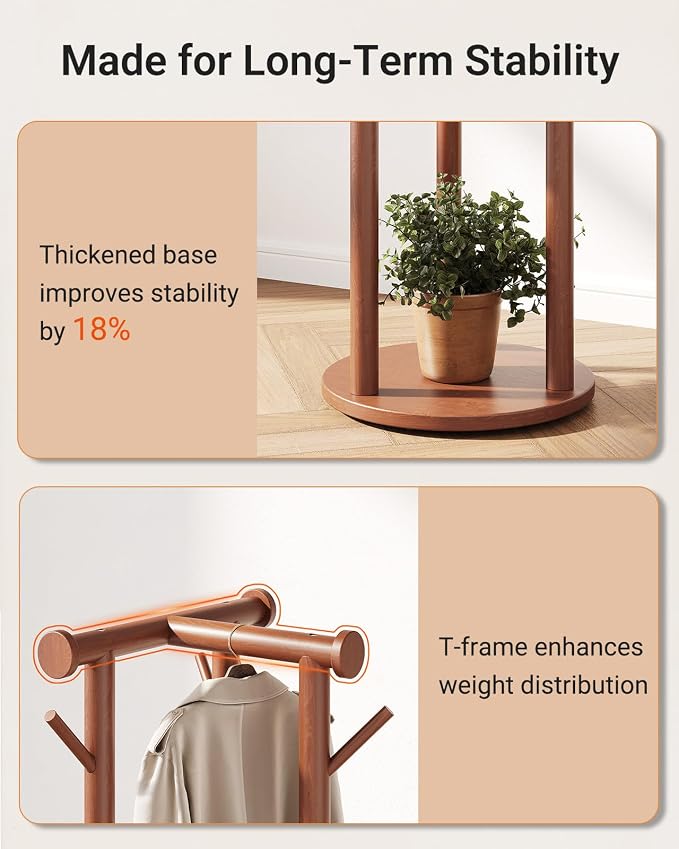 Pipishell Solid Wood Freestanding Coat Rack with 5 Wheels, 9 Hooks, Shelves | 100% pine wood, 5 smooth-rolling wheels, 3-tier storage shelves, thickened base, T-shaped top for balance, CARB-certified