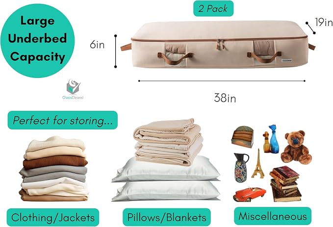 Chaos Cleared Canvas Storage Bags Designer Organizer for Underbed 2 Pack – Seasonal Storage for Sweaters, Blankets, Linens & Garments – Foldable Design with Zip & Window, Moth-Proof Space Saver