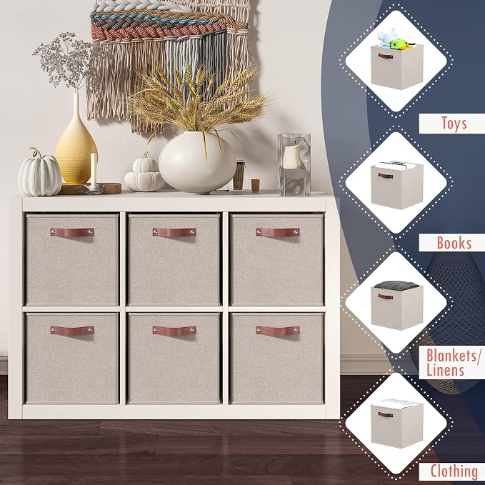 Ornavo Home 13x15x13 Foldable Fabric Storage Cube Bins, 6 Pack, Beige | Collapsible Linen Shelf Basket Organizer; Leather Handles; Fits Cube Storage Shelving Units