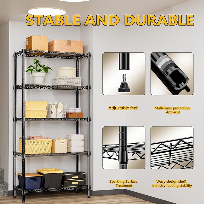 M MZG 1250 lbs 5 Tier Shelf Metal Storage Shelves Shelving Wire Rack Heavy Duty Closet Organizers for Garage Kitchen Bathroom Laundry Black 15.7" D x 33.5" W x 68.5" H