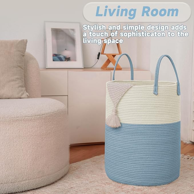 JMvicyroam 60L Cotton Rope Laundry Basket Hamper, White and Blue | Collapsible laundry basket, reinforced handles, freestanding, machine washable, holds 3-5 thick blankets, clothes or toys