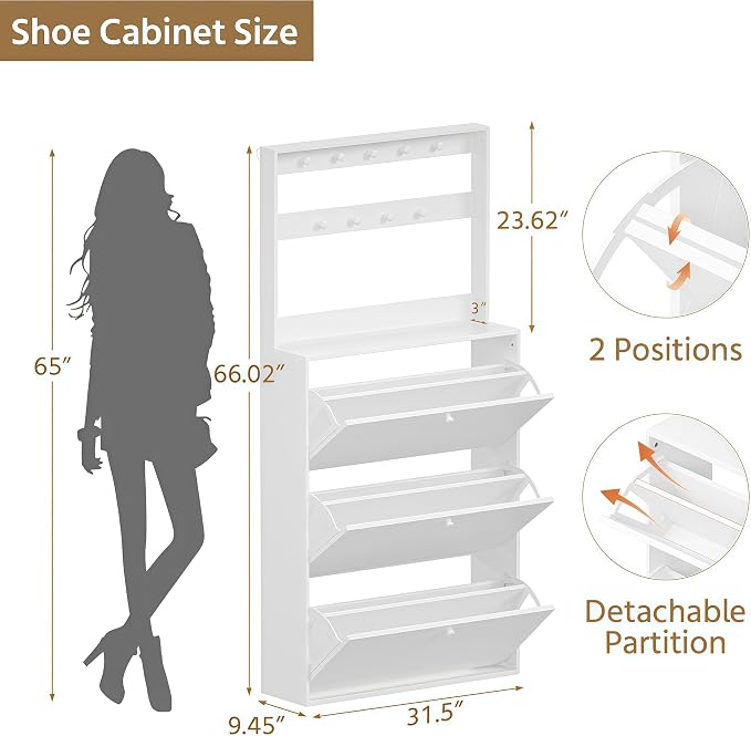 HOPUBUY Shoe Cabinet for Entryway, Narrow Shoe Storage with 3 Flip Drawers | Slim Narrow Freestanding Shoe Storage Organizer for Entryway, Hallway & Living Room, White