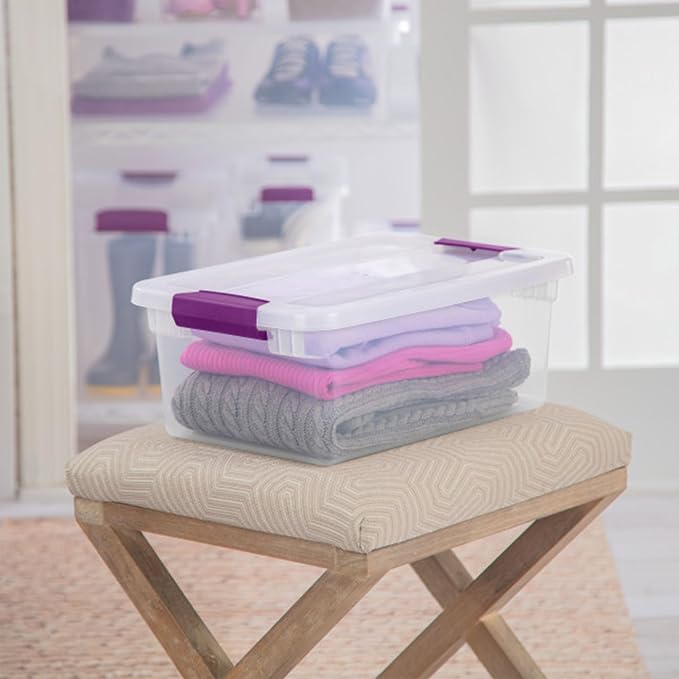 Sterilite ClearView Latch Boxes, Storage Bins with Lids, 15 Quart, 36-Pack | Clear Plastic Organizers with Color Accent Latches for Closet, Bedroom, Shelving Units, Dorm Room and Home Organization