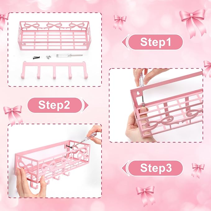 Hicarer Pink Bow Key Holder Wall Mount with Basket and 5 Hooks Decorative Cute Coquette Bow Hooks Hanger Pink Key and Mail Organizer Coquettish Preppy Decor for Entryway Home Apartment Dormitory