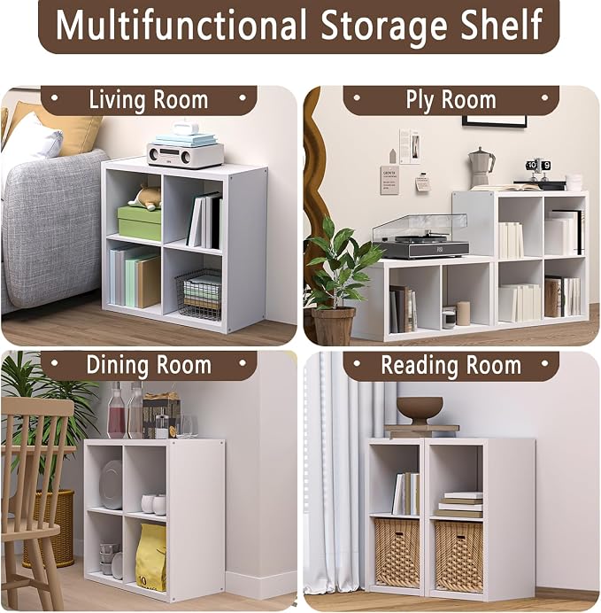 CTESNE【2026 Thick Border Wood】 Cube Storage Organizer Bookcase with Anti-Tipping Kits Open Back Shelf (White 4-cube-13in) | 2026 Thick Border Wood, Anti-Tipping Kits, Open Back Shelf