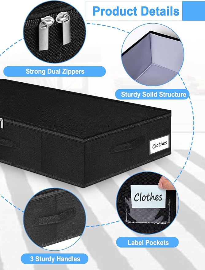 6.7-in Under Bed Storage Bin with Lid, Rigid Sides,2 Pack, Black | Zipped Lid, Rigid Sides & Bottom, Large Clothes Organizer Box, Off-season Storage, Bedrooms, Dorms Organization