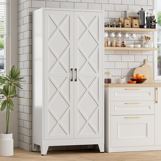 Bevivog 71" Tall Pantry Cabinet Farmhouse, Metal Storage Cabinet with 2 Doors and 4 Adjustable Shelves, Freestanding Tall Food Pantry Cabinet Storage for Kitchen, Home Office, Living Room, Laundry