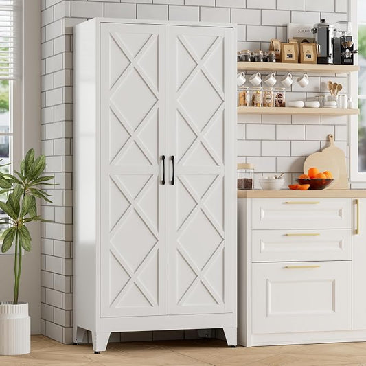 Bevivog 71" Tall Pantry Cabinet Farmhouse, Metal Storage Cabinet with 2 Doors and 4 Adjustable Shelves, Freestanding Tall Food Pantry Cabinet Storage for Kitchen, Home Office, Living Room, Laundry