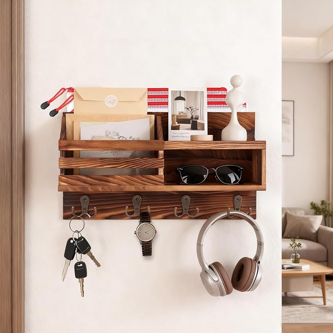 Key and Mail Holder for Wall, Mail Organizer Wall Mount with Shelf, Farmhouse Entryway Organizer for Keys, Wallet, Dog Leash, Sunglass (Brown)