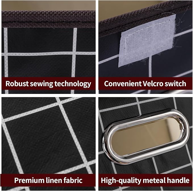STOREONE Fabric Storage Cube Bins Foldable Organizer Container Collapsible Basket with Lids and Metal Handles, for Home, Bedroom, Closet 3 Pcs (Black grid)