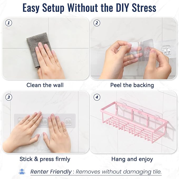 8 Pack Adhesive Rustproof Shower Caddy with Soap Dishes, Toothbrush Holder & Hooks, Large Capacity No-Drilling Shower Shelves Rack for Bathroom Organizers and Storage Accessories, Pink