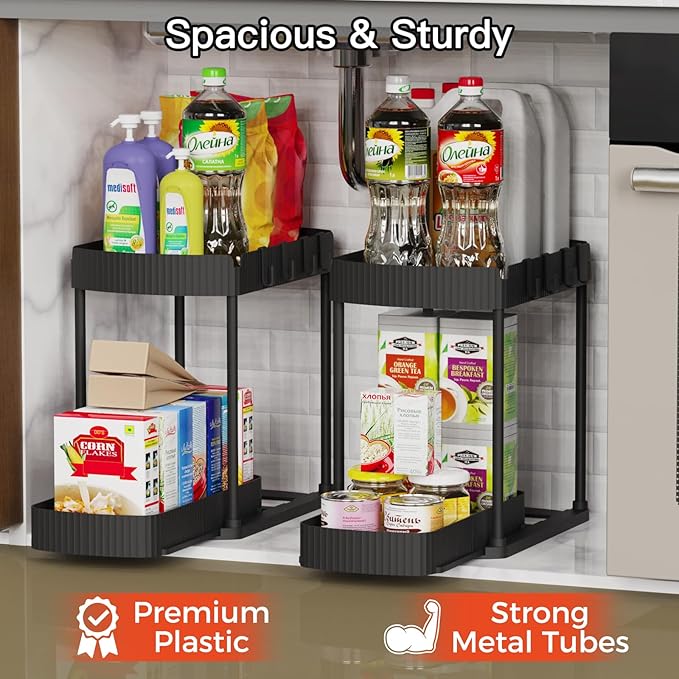 Ukeetap Multi-Purpose Pull-Out Storage Organizers, Under Sink/Cabinet Organizers and Storage for Bathroom & Kitchen, Black, 12.8 Inches, 2 Packs