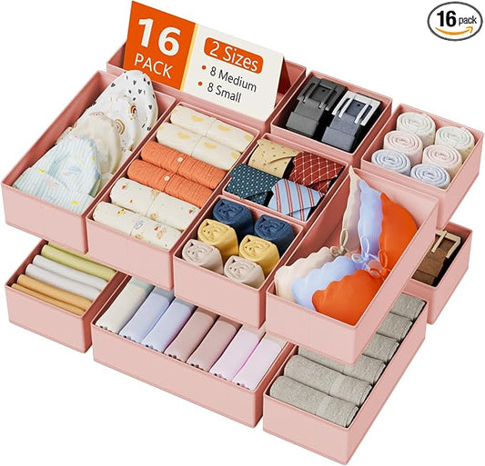 DIMJ Drawer Organizers Clothes, Set of 16 Dresser Organizer Bins, Fabric Closet Organizers and Storage, Shallow Drawer Dividers for Nursery, Clothing, Baby Clothes, Socks, Underwears, Tie (Pink)