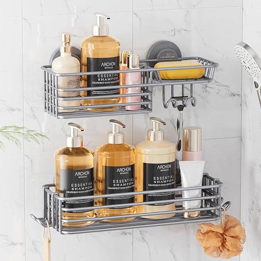 LEVERLOC Shower Caddy Suction Cup, 2 Pack Shelves for Inside with Hooks | Grey Shower Storage, Soap Holder, Shampoo Holder, NO Drill Shower Holder, Rustproof Meatl Bathroom Basket
