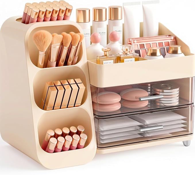 Booklov Large Makeup Organizer for Vanity Countertop, Cream | Clear Acrylic Cosmetic Display Case, Beauty Brush Holder for Bathroom Counter, Make Up Skincare Lipsticks Storage