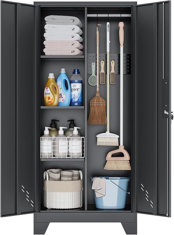 61" Metal Storage Cabinet with Lock for Garage, Utility Closet | Broom Closet with Lockable Doors, Pegboard & Shelves, Steel Tool Cabinet for Home Office, Laundry Room, Living Room, Black