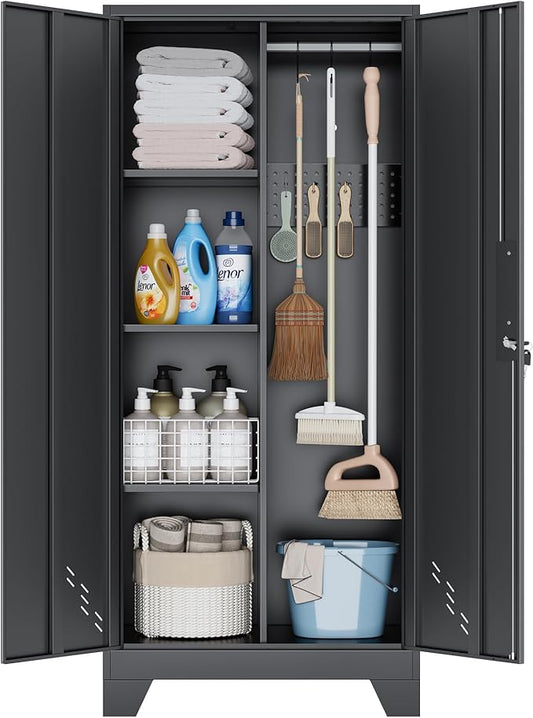 61" Metal Storage Cabinet with Lock for Garage, Utility Closet | Broom Closet with Lockable Doors, Pegboard & Shelves, Steel Tool Cabinet for Home Office, Laundry Room, Living Room, Black