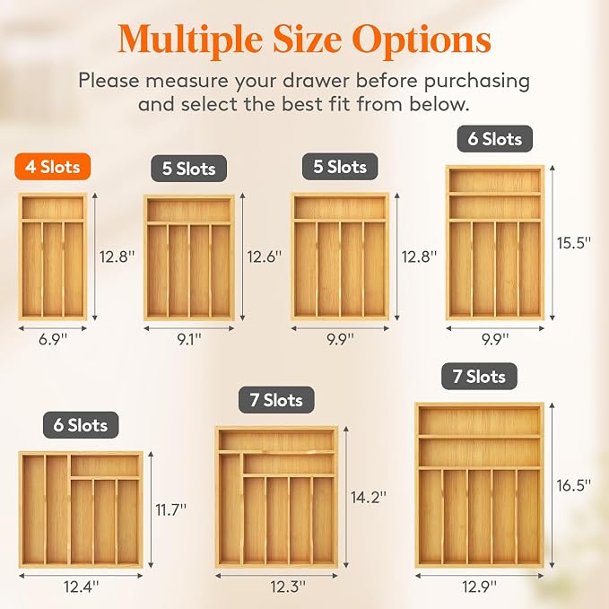 Lifewit Silverware Drawer Organizer, Wooden Utensil Tray for Kitchen | Flatware and Cutlery Holder, Adjustable Storage for Spoons Forks Knives, 6.9 x 12.8", Natural