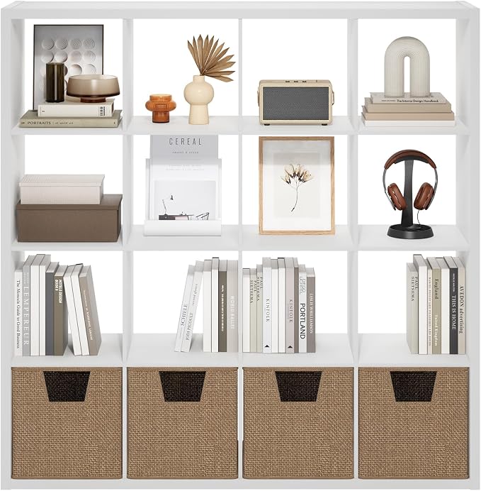 Furinno Cubicle 16-Cube Book Shelf, Extra Thick Frame Bookshelf, White | 14.6" x 58" x 58", Reversible Bookcase with Open Back, for Living Room, Bedroom, Home Office