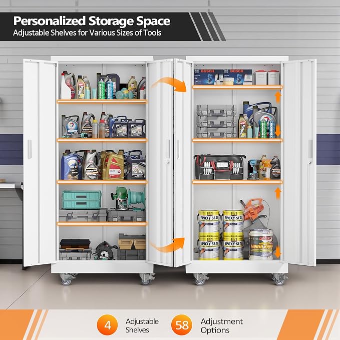 VINGLI Rolling Metal Storage Cabinet with Adjustable Shelves, 71'' Tall Garage Storage Cabinet with Wheels, Locking Tool Cabinets for Home Office Garage Gym School (White)