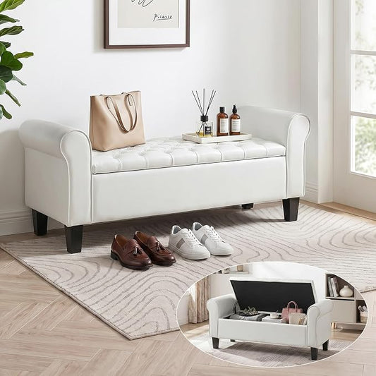 55" Storage Ottoman Bench for Living Room, End of Bed Bench with Rolled Arm Leather Ottoman with Storage Upholstered Entryway Bench Retro Style Footboard Bench for Bedroom, Cream White